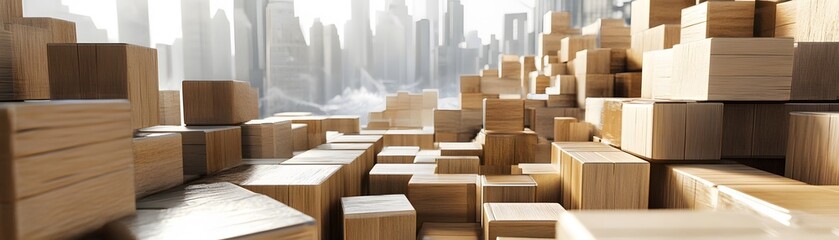 Abstract arrangement of wooden blocks and boxes.
