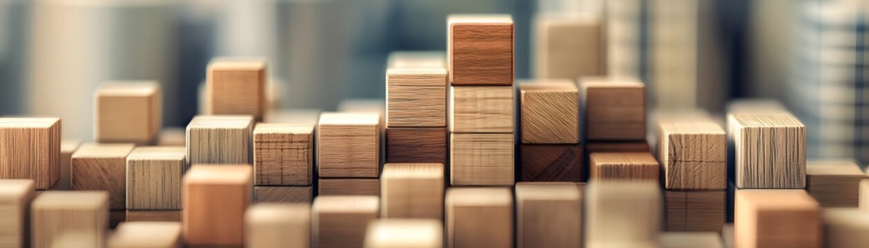 Stacked wooden blocks create a visual design.