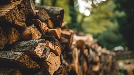 Stacked chopped firewood pile arranged neatly in rustic outdoor setting under natural daylight, showcasing rough wooden texture, seasonal warmth, forestry resources, and rural lifestyle concept