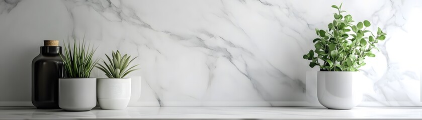 Minimalist display of plants on a marble surface.