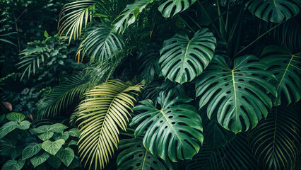 Lush Tropical Green Leaves with Dark Background in High Resolution