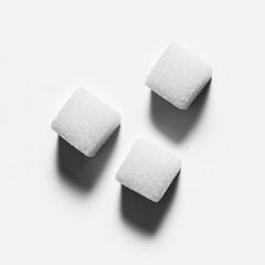 Three square sugar cubes on white background