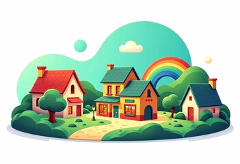 Fototapeta premium colorful cartoon village with houses and trees