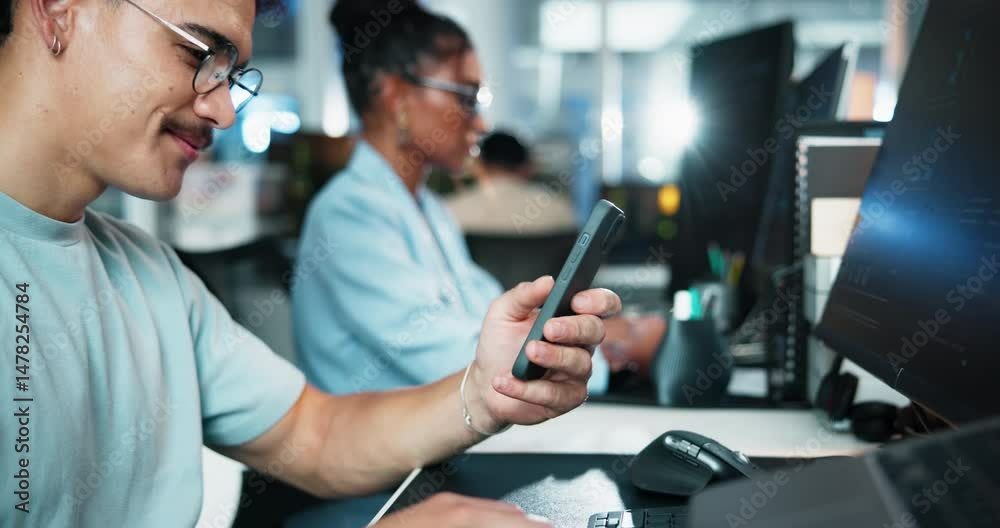 Fototapete Phone, smile and programmer with person in office for ui developer, code update and design software. Research, ux prototype and creative project with employee in agency for communication app