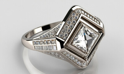 A luxurious jewelry piece featuring a princess cut diamond at its center, surrounded by smaller diamonds