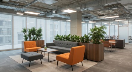 Modern office lounge area representing workplace comfort and collaboration, featuring plants and comfortable seating