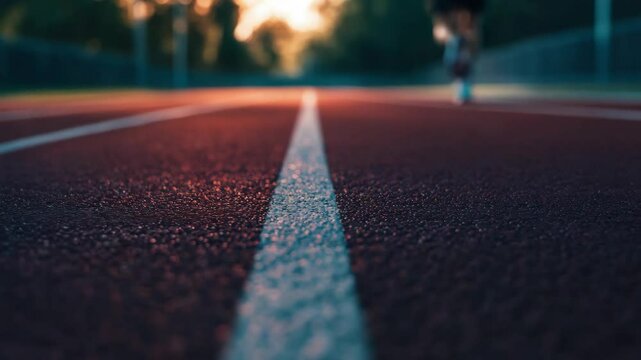 Close-up of sunlit running track texture with white lane line for sports design mockup