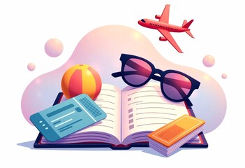 vibrant illustration of travel themed books with sunglasses, airplane, sun, and beach ball
