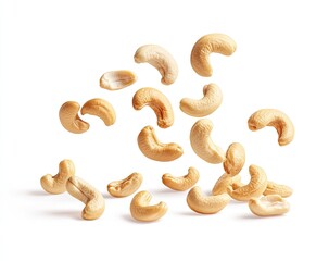 Cashews in mid-air, scattered on white background