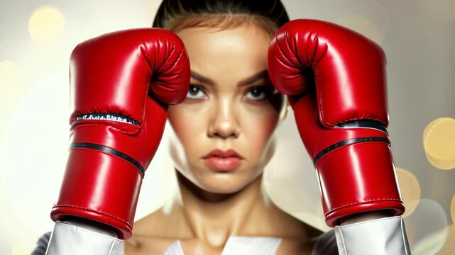 Ready to Fight: A determined woman, hands encased in bright red boxing gloves, gazes directly at the viewer, exuding strength and focus against a soft, blurred backdrop of subtle lights.