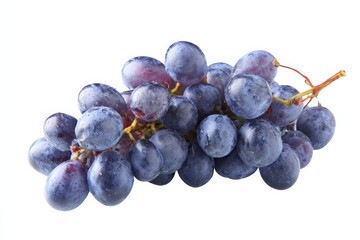 Fototapeta premium A bunch of dark purple grapes, glistening with moisture, isolated on a white background.
