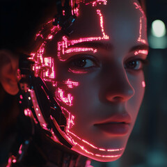 Close-up of a woman with glowing cybernetic face enhancements