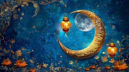 Golden Crescent Moon with Lanterns on Blue Background during Ramadan
