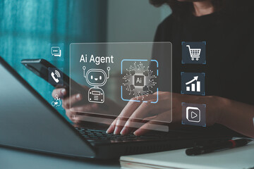 Businesswoman using a computer and a dashboard AI assistant agent automation, processing automatic...