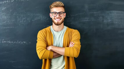 Confident Teacher in the Classroom: A smiling, confident teacher with glasses and a relaxed posture stands in front of a chalkboard, radiating approachability and knowledge.