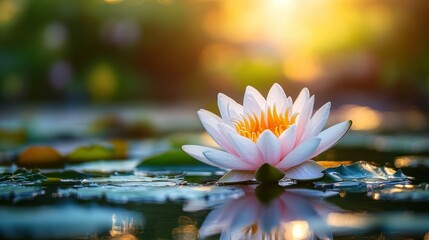 Peaceful lotus flower in a serene pond at sunrise