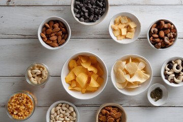 variety of chips and snacks beautifully arranged on wooden table showcasing array of textures and colors