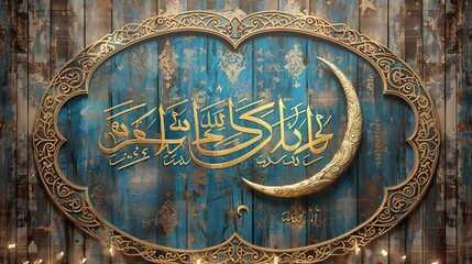 Arabic Calligraphy Ramadan Kareem in Gold on Blue Wooden Background