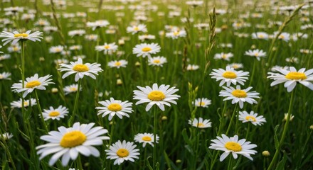 Daisy meadow representing natural beauty and freshness, with green grass and white petals