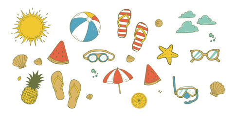 Fototapeta premium Vibrant Summer Themed Vector Illustration with Beach Elements and Seasonal Fruit