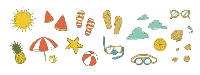 Vibrant Summer Themed Vector Illustration with Beach Elements and Seasonal Fruit