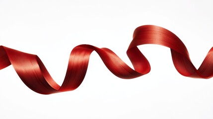Wavy red ribbon floating in mid air with elegant curve against clean white background. Minimal abstract composition symbolizing elegance, motion, celebration, freedom, and creativity.

