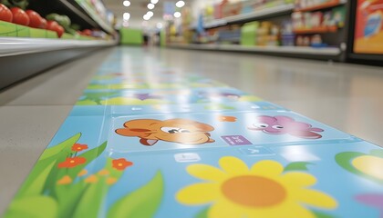 Colorful children's play area floor decals in a grocery store aisle.