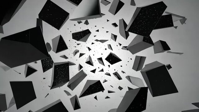 Abstract 3D rendering of exploding black cubes and triangles on white background