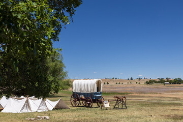 Covered wagon and tent replicas at Fort Laramie, Wyoming