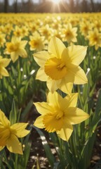 Obraz premium Close-up of glistening daffodil petals, vibrant yellow blooms in a sun-drenched field , detail, daffodils