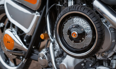 A close-up view of a motorcycle wheel and tire