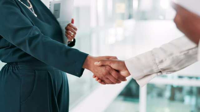 Handshake, business people and partnership in workplace with introduction, welcome or collaboration. Shaking hands, trust or support with promotion, team gesture and folders for professional project