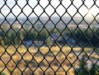 Metal fence over blurred landscape at sunset
