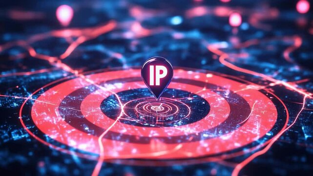 Futuristic visualization of a city map with neon pink and blue lines connecting points, highlighting a central IP address pin. Concept of internet tracking, cybersecurity and data networks