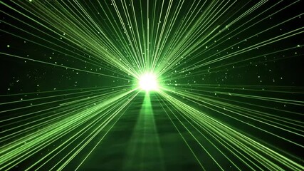 Bright green light beams radiate from central point, particles float on dark background - Powered by Adobe