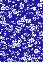 Floral pattern design featuring white flowers on a vibrant blue background, perfect for fabric or wallpaper