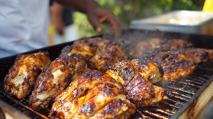 Grilled Chicken On A Barbecue. Close Up Of Golden Brown Poultry Cooking Over Flames.