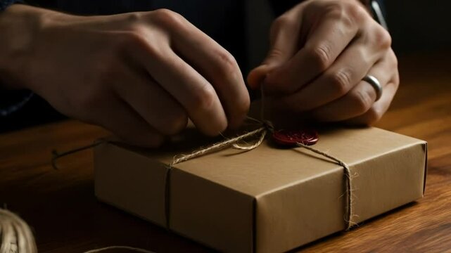 Person tying a brown cardboard box with twine and a wax seal on a wooden surface in a close up view