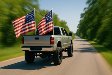 Camioneta con banderas de EE.UU. conduciendo por carretera rural