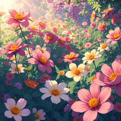 Obraz premium Vibrant colorful flower garden with visible brushstrokes and soft lighting – artistic impressionist style painting 