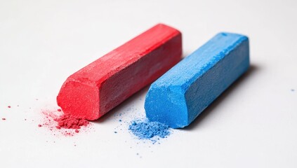 Two colorful crayons, red and blue, with powder