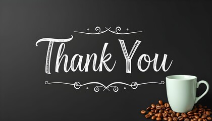 Handwritten Thank You Note with Coffee Cup and Beans on Chalkboard