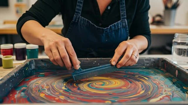 Person using a comb to create a swirl design in a tray of colorful liquid marbling paint art project