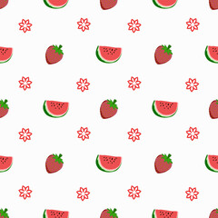 Cheerful Watermelon and Strawberry Pattern: A Sweet Repeat Design Featuring Fruit Slices and Berries with Red Floral Accents on White