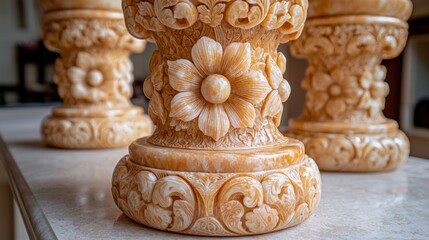 Ornate floral patterned stone urn bases