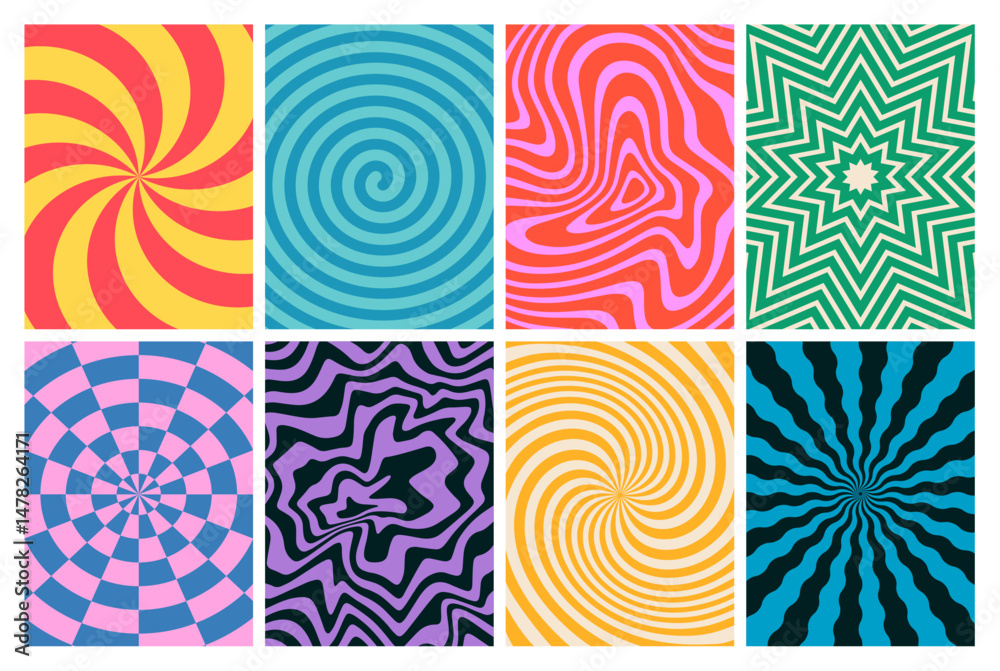 Fototapete Retro Groovy Swirl Patterns. Wave Abstract Vector Backgrounds. Psychedelic Trippy Graphics. Fun Retro Geometric Textures