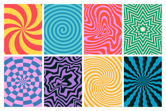 Retro Groovy Swirl Patterns. Wave Abstract Vector Backgrounds. Psychedelic Trippy Graphics. Fun Retro Geometric Textures