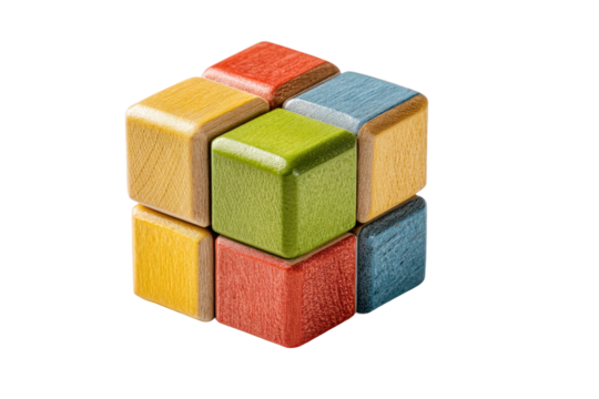 PNG Colorful wooden cube puzzle isolated on black background