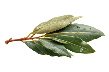 PNG Fresh bay leaves with dew on branch against black background