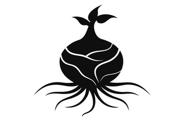 Black Bulbous Plant with Roots and Leaves Vector Illustration Graphic